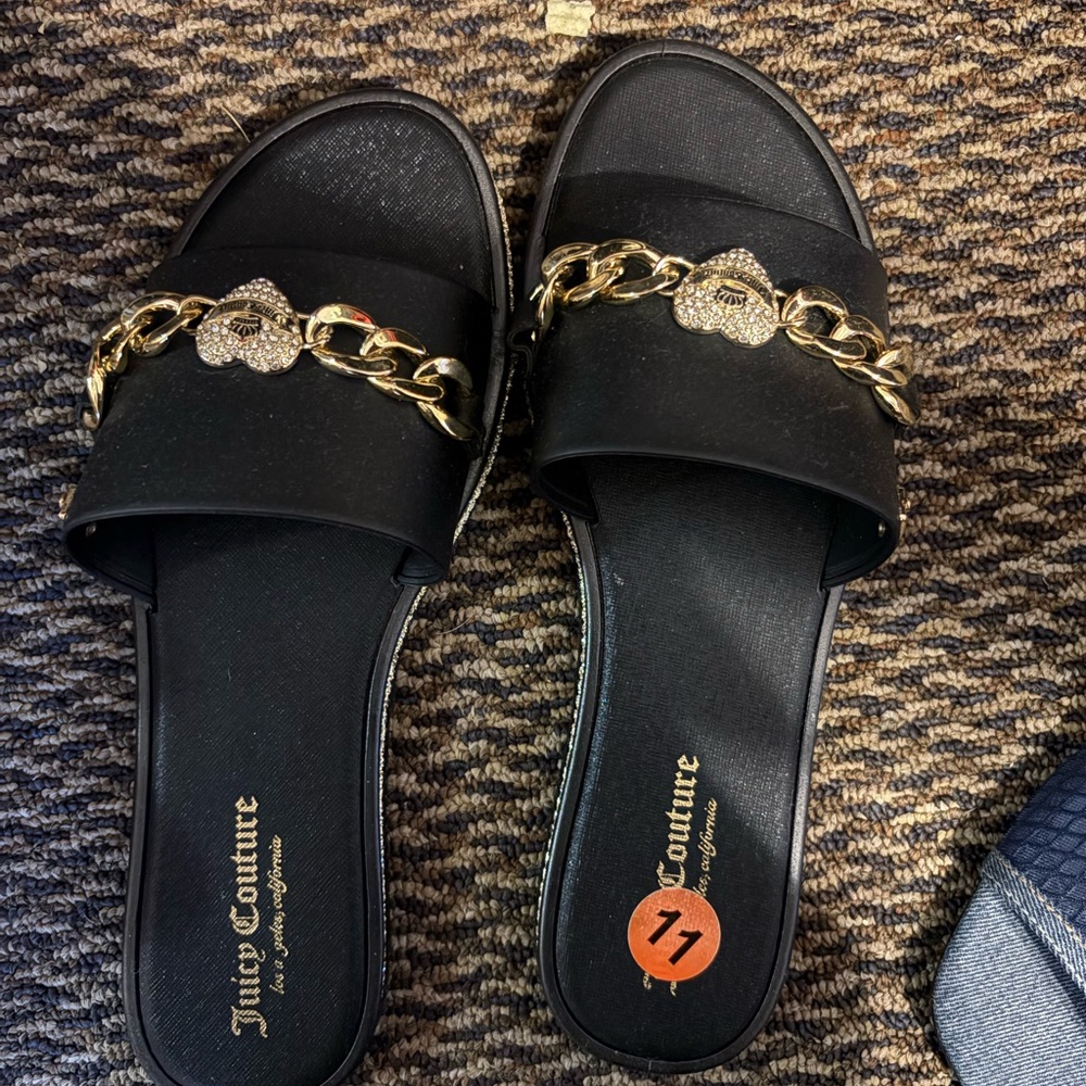 Juicy Couture Black Sandals with Gold Chain Accent
